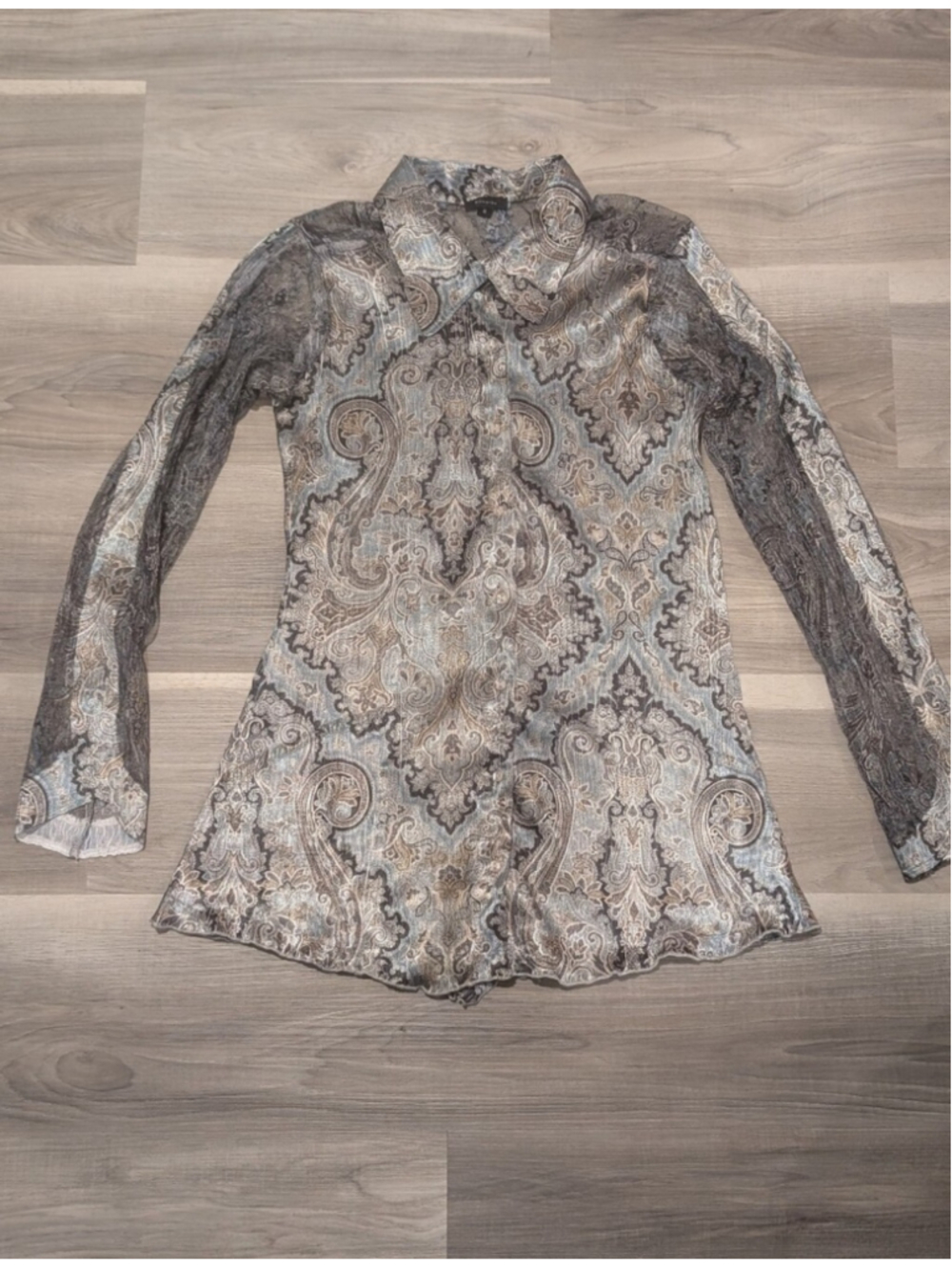 Komarov | Crinkle Pleated Lace Corset Back Blouse In Blue Bronze Paisley